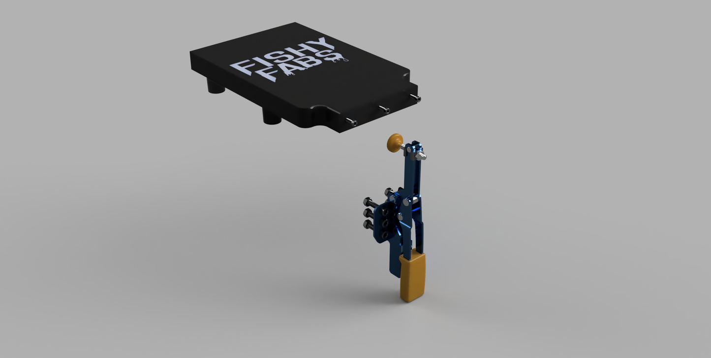 Exploded view of the SureClamp System by FishyFabsPNW showing the components of the vertical clamping design for European-style MFT workbenches.