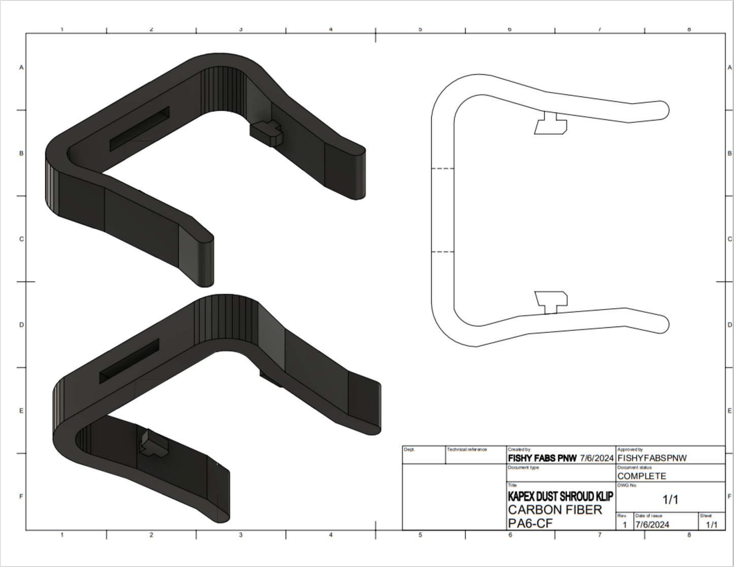 Technical drawing of a 3D printed replacement dust boot clip for Festool Kapex saw, made from PA6-CF carbon fiber, showcasing different views and dimensions.