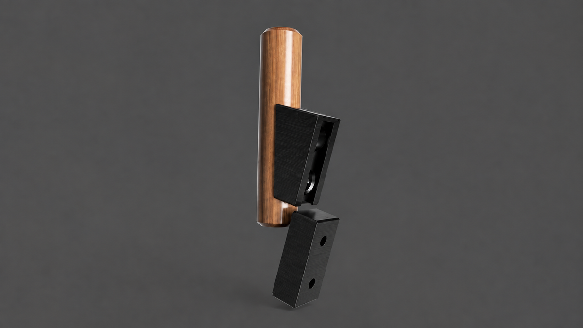 Exploded rendering of the FishyFabs walnut hat hook showing the two-piece black 3D-printed dovetail mount with visible layer lines.