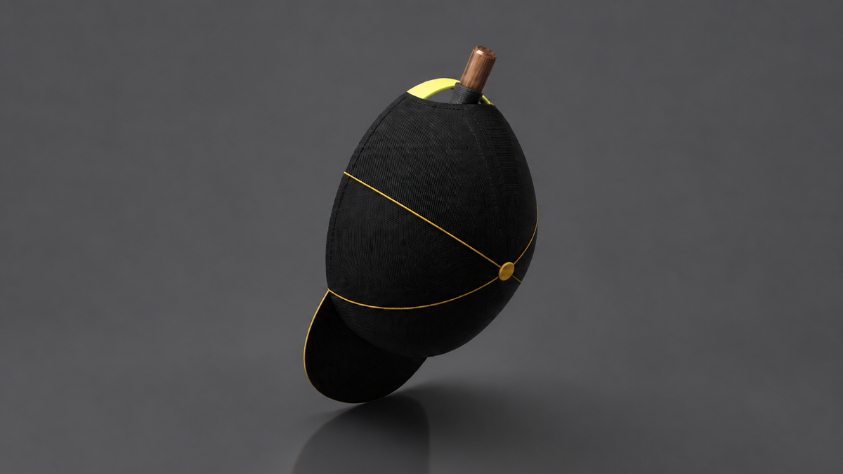 Black and yellow baseball cap hanging on a FishyFabs walnut hat hook, product rendering.