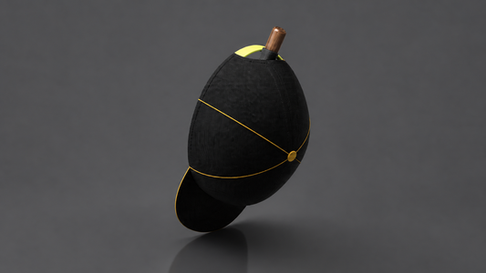 Black and yellow baseball cap hanging on a FishyFabs walnut hat hook, product rendering.
