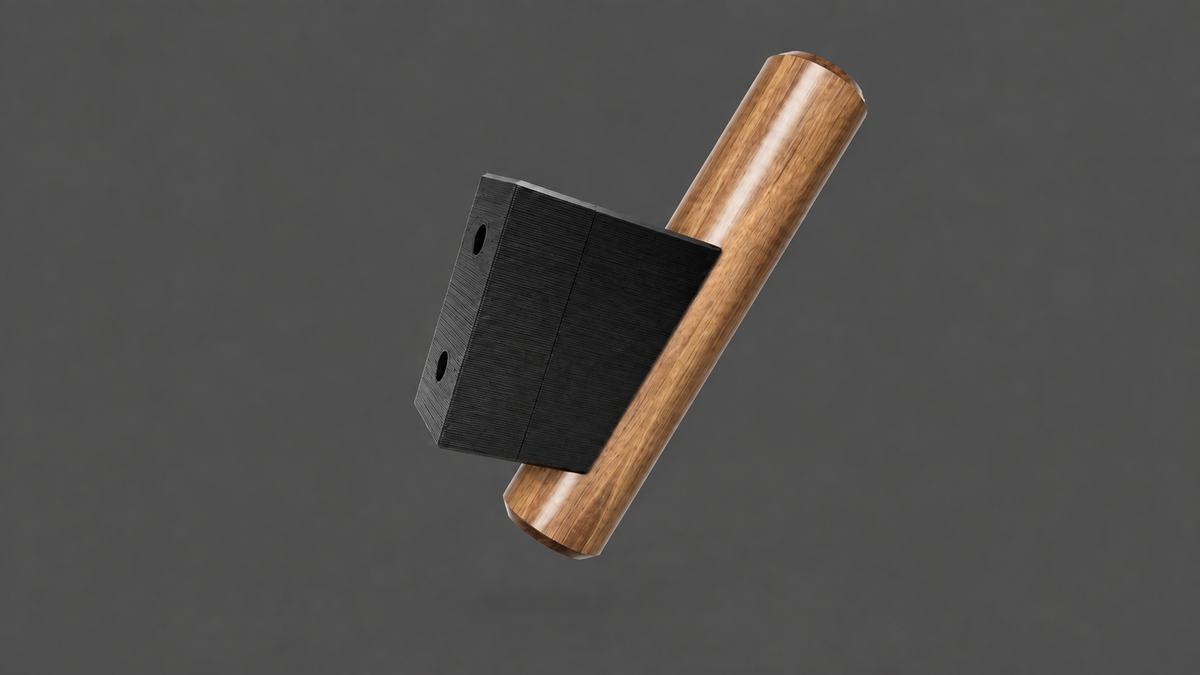 FishyFabs walnut hat hook with black 3D-printed dovetail mount and visible layer lines, assembled product rendering.
