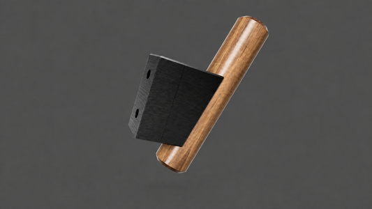 FishyFabs walnut hat hook with black 3D-printed dovetail mount and visible layer lines, assembled product rendering.